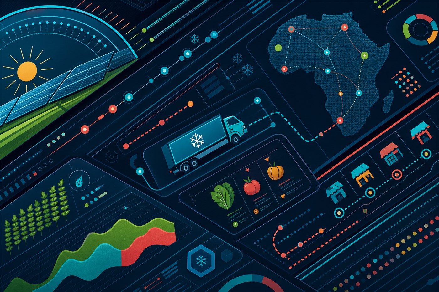 Editorial data artwork illustrating solar energy, refrigerated transport and connected food markets across Africa