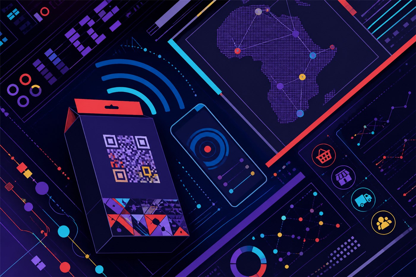 Editorial data artwork illustrating connected packaging, digital engagement and measurable customer interactions across Africa