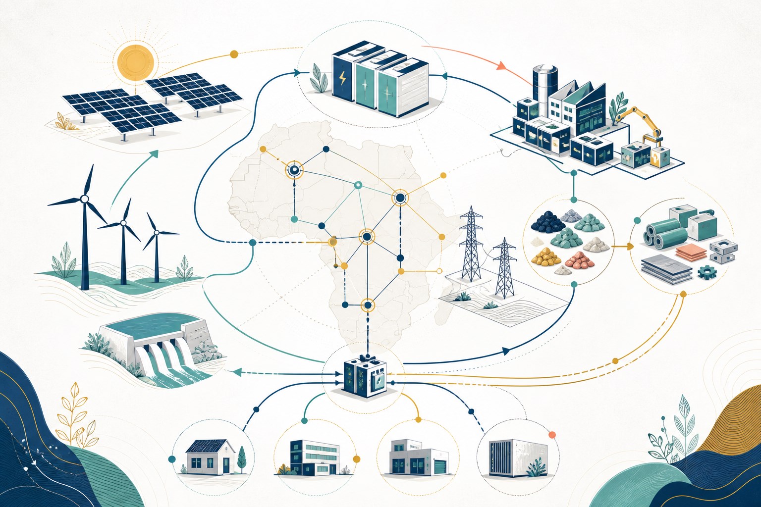 Editorial infographic connecting renewable energy, storage, industry and power distribution across Africa